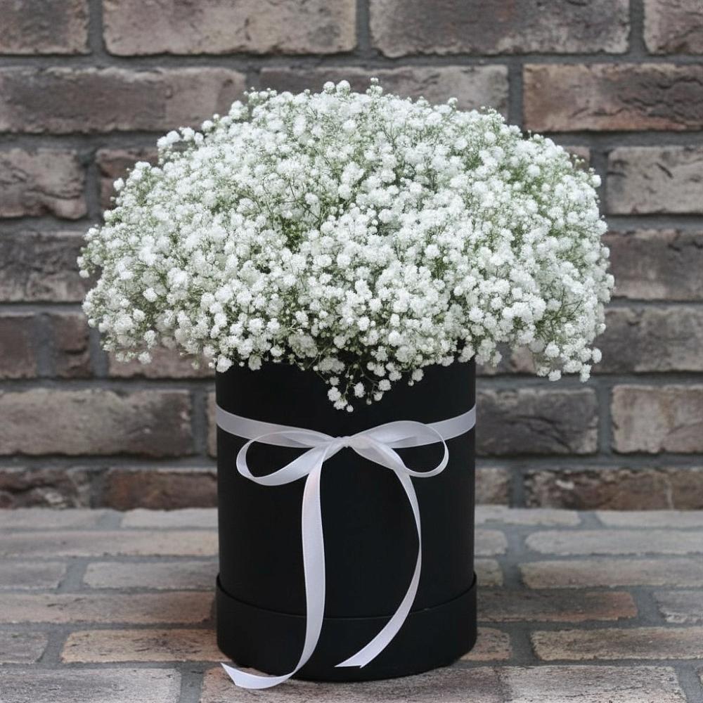 Композиция коробка гипсофил в Мге Цветочная композиция из Гипсофила в шляпной коробке в Мге